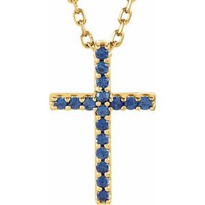 14K Yellow Gold Natural Blue Sapphire Petite Cross 16" Necklace