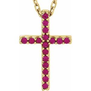 14K Yellow Gold Natural Ruby Petite Cross 16" Necklace