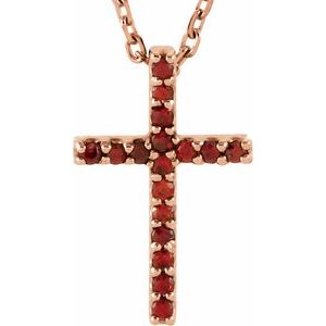 14K Rose Gold Natural Mozambique Garnet Petite Cross 16" Necklace
