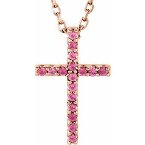 14K Rose Gold Natural Pink Tourmaline Petite Cross 16" Necklace