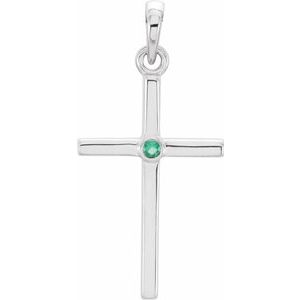 14K White Gold Natural Emerald Cross Pendant