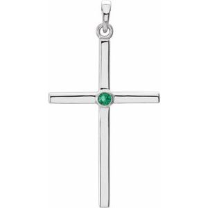 14K White Gold Natural Emerald Cross Pendant