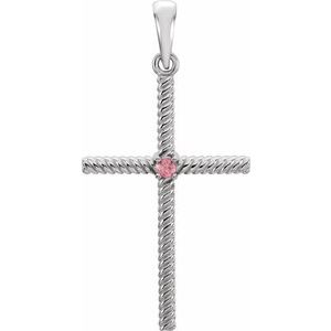 14K White Gold Natural Pink Tourmaline Cross Pendant