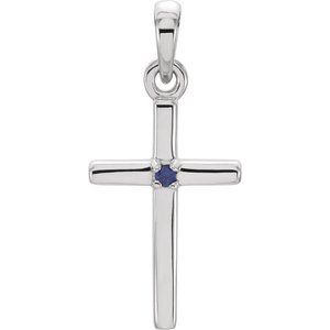 14K White Gold Natural Blue Sapphire Cross Pendant