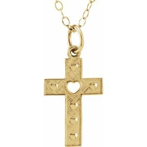 14K Yellow Gold Pierced Heart Cross 15" Necklace