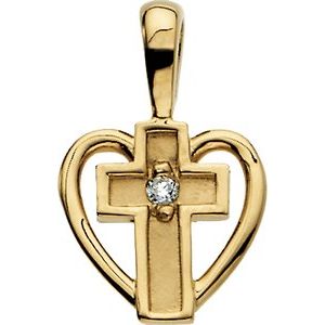 14K Yellow Gold .01 CT Natural Diamond Cross & Heart Pendant