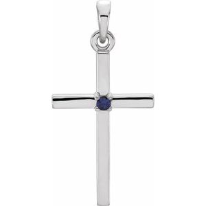 14K White Gold Natural Blue Sapphire Cross Pendant