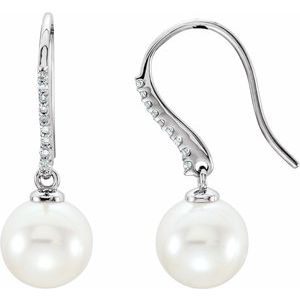 14K White Cultured White Freshwater Pearl & 1/8 CTW Natural Diamond Earrings