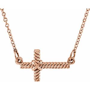 14K Rose Gold Sideways Rope Cross 16 1/2" Necklace