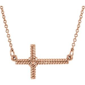 14K Rose Gold Sideways Rope Cross 16 1/2" Necklace