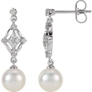 14K White Cultured White Freshwater Pearl & 1/6 CTW Natural Diamond Earrings