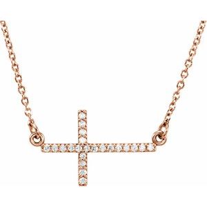 14K Rose Gold 1/10 CTW Lab-Grown Diamond Sideways Cross 16-18" Necklace
