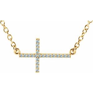 14K Yellow Gold Natural Aquamarine Sideways Cross 16-18" Necklace