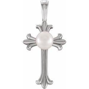 14K White Gold Cultured White Freshwater Pearl Cross Pendant