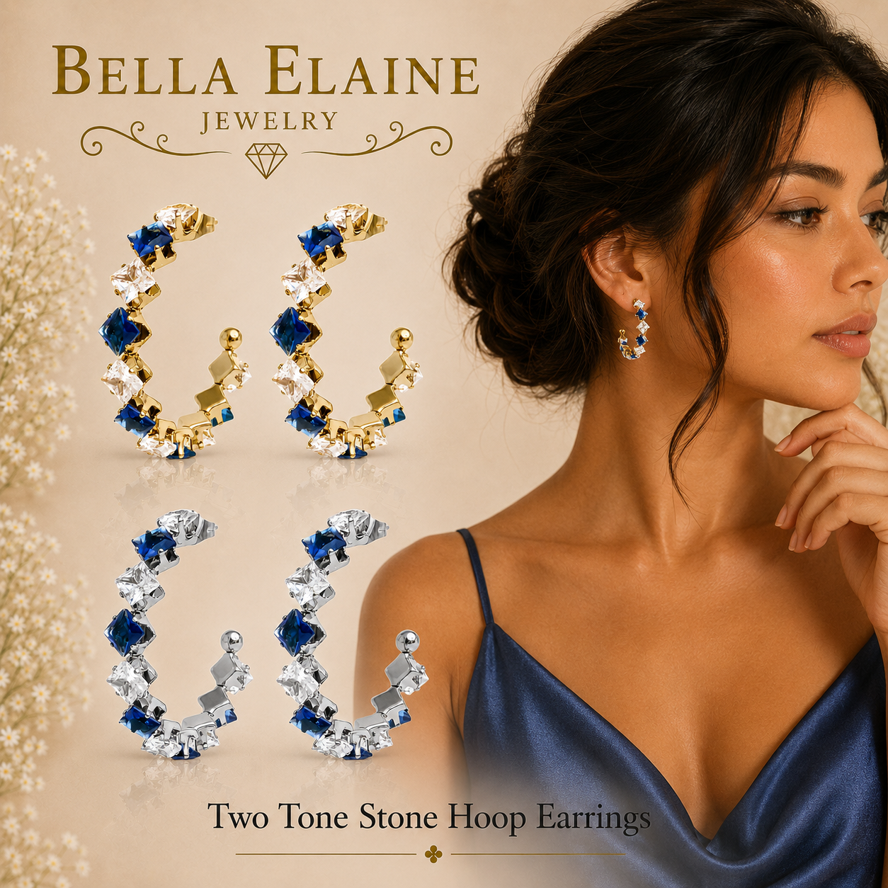 Two Tone Stone Hoop Earrings