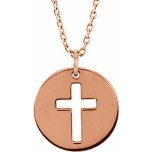 14K Rose Gold Pierced Cross Disc 16-18" Necklace