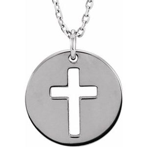 14K White Gold Pierced Cross Disc 16-18" Necklace