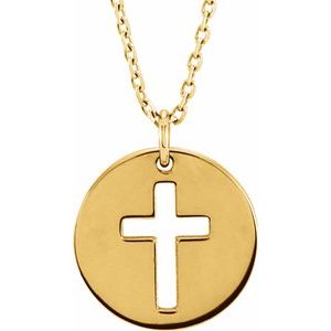 14K White Gold Pierced Cross Disc 16-18" Necklace