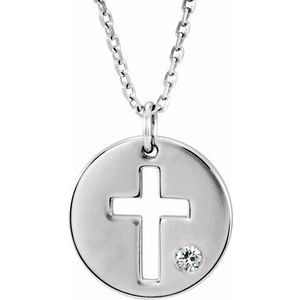 14K White Gold .03 CT Natural Diamond Pierced Cross Disc 16-18" Necklace