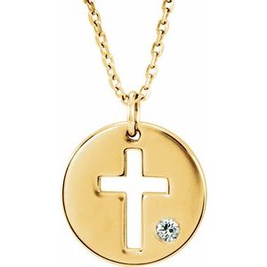 14K Yellow Gold .03 CT Natural Diamond Pierced Cross Disc 16-18" Necklace