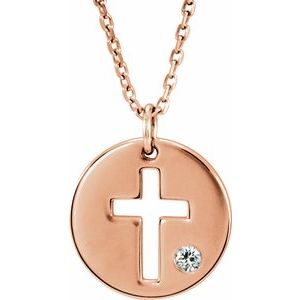 14K Rose Gold .03 CT Natural Diamond Pierced Cross Disc 16-18" Necklace