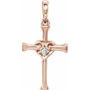 14K Rose Gold .025 CT Natural Diamond Heart & Cross Pendant