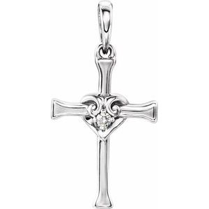 14K White Gold .025 CT Natural Diamond Heart & Cross Pendant