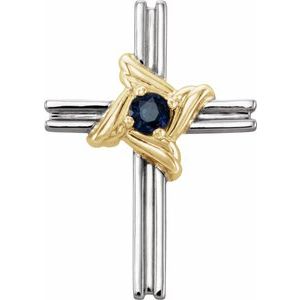 14K White/Yellow Gold Natural Blue Sapphire Cross Pendant