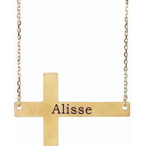 14K Yellow Gold Engravable Sideways Cross 16-18" Necklace