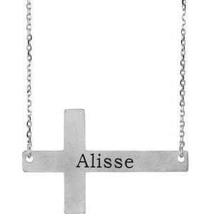 14K White Gold Engravable Sideways Cross 16-18" Necklace