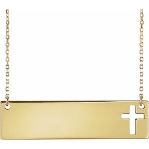 14K Yellow Gold Engravable Pierced Cross Bar 16-18" Necklace