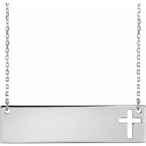14K White Gold Engravable Pierced Cross Bar 16-18" Necklace