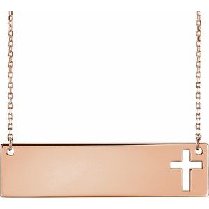 14K Rose Gold Engravable Pierced Cross Bar 16-18" Necklace