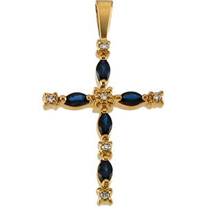 14K Yellow Gold Blue Sapphire & Diamond Cross Pendant