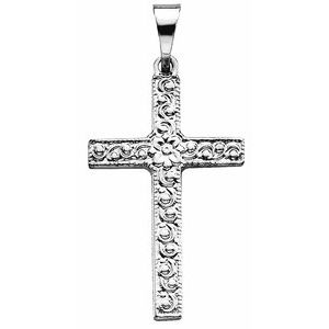 14K White Gold 20x13 mm Floral-Inspired Cross Pendant