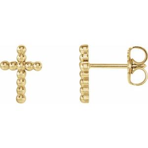 14K Yellow Gold Beaded Cross Earrings