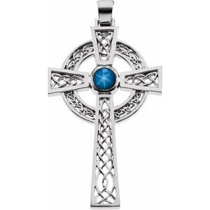 14K White Gold Natural Blue Star Sapphire Celtic-Inspired Cross Pendant