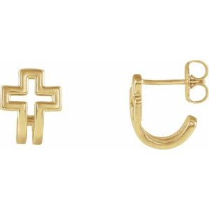 14K Yellow Gold Open Cross J-Hoop Earrings