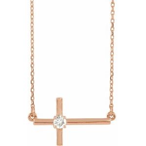 14K Rose Gold 1/10 CTW Lab-Grown Diamond Sideways Cross 16-18" Necklace