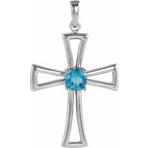 14K White Gold Natural Swiss Blue Topaz Cross Pendant