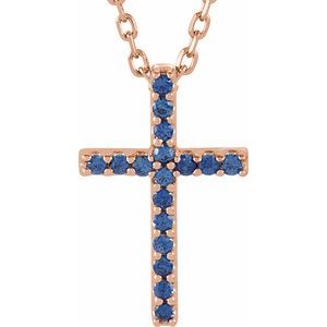 14K Rose Gold Natural Blue Sapphire Petite Cross 16" Necklace