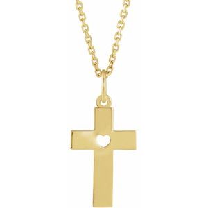 14K Yellow Gold Pierced Heart Cross 15" Necklace
