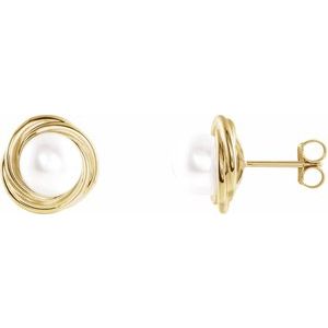 14K Yellow Cultured White Akoya Pearl Earrings 