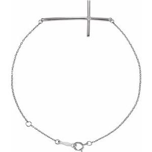 14K White Gold .025 CT Natural Diamond Sideways Cross 7-8" Bracelet