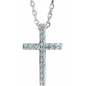 14K White Gold Natural Swiss Blue Topaz Petite Cross 16" Necklace