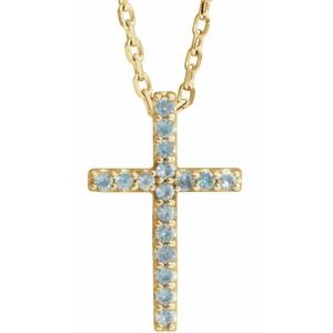 14K Yellow Gold Natural Swiss Blue Topaz Petite Cross 16" Necklace