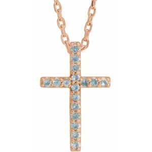 14K Rose Gold Natural Swiss Blue Topaz Petite Cross 16" Necklace
