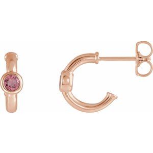14K Rose Gold Natural Pink Tourmaline Huggie Hoop Earrings