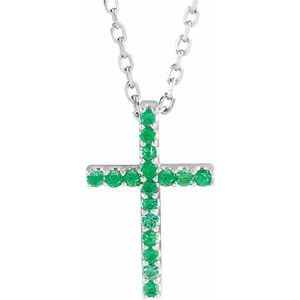 14K White Gold Natural Emerald Petite Cross 16" Necklace