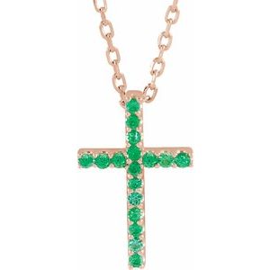 14K Rose Gold Natural Emerald Petite Cross 16" Necklace